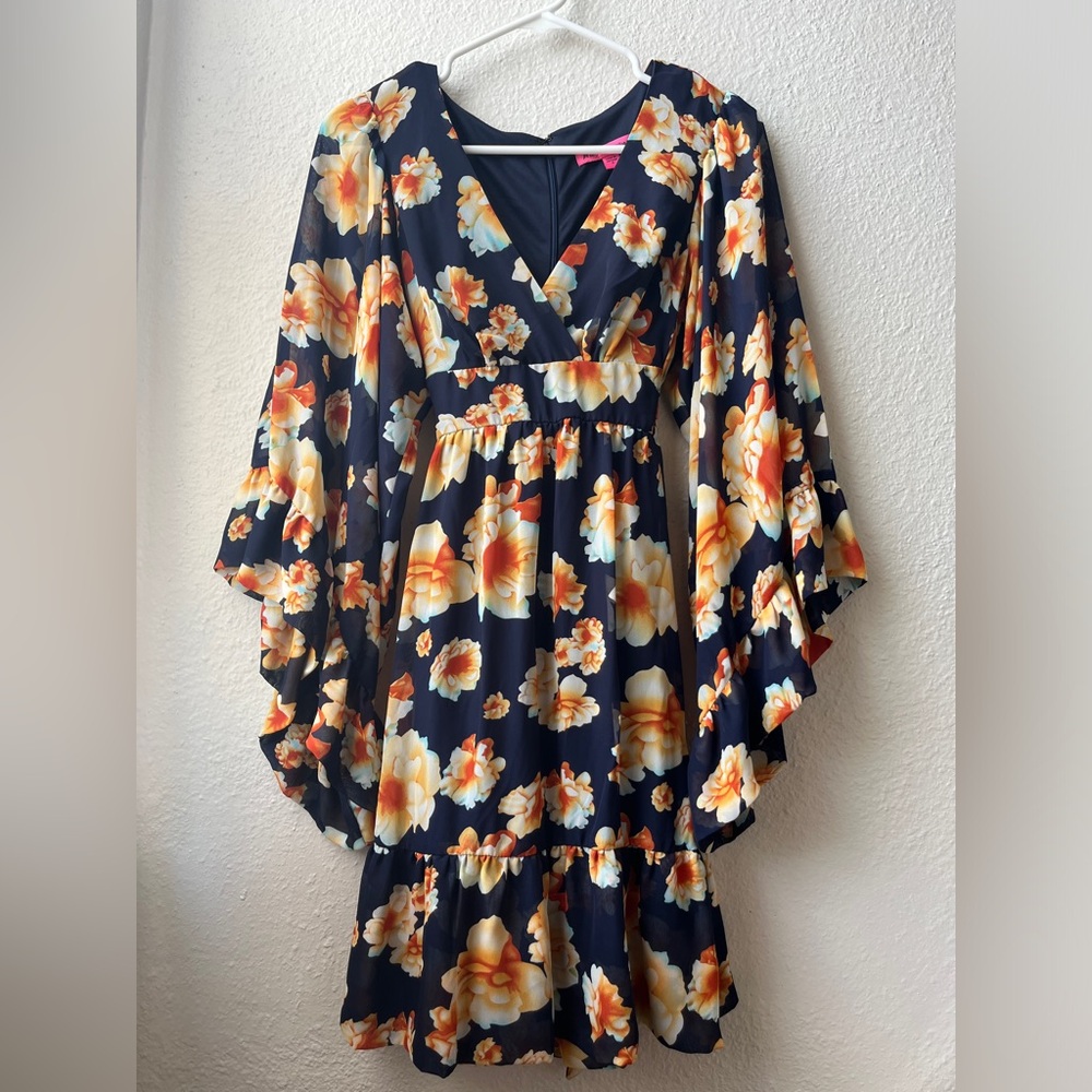 Betsey Johnson Indie Floral Bell Sleeve Bambi Ruffle Dress Navy/Orange Size 6